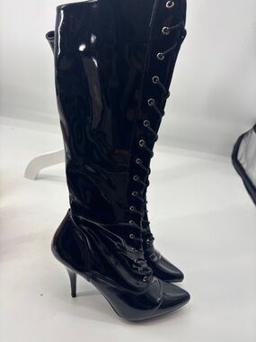 Black Patent Lace-Up Knee-High Stiletto Boots